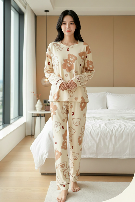 Off White Dream Bear Printed Night Suit For Women PJ Set