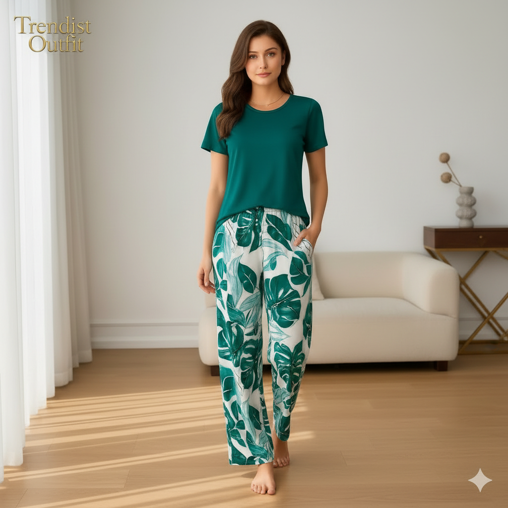 Green Plain Half Sleeves with Floral Printed Night Suit For Women PJ Set