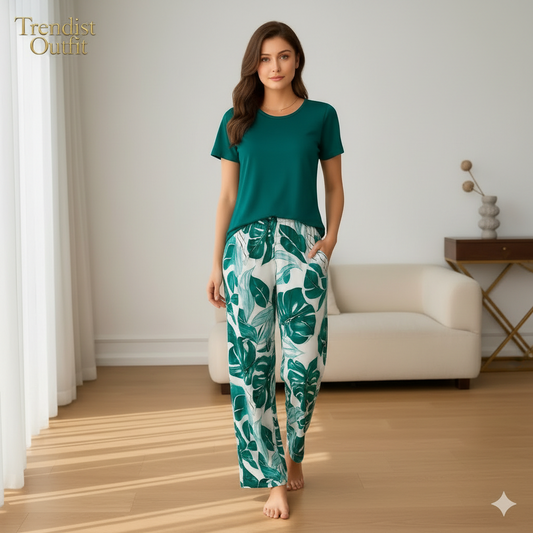 Green Plain Half Sleeves with Floral Printed Night Suit For Women PJ Set