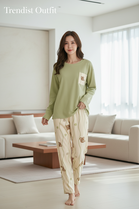 Olive Green Cute Teddy Bear Printed Night Suit For Women PJ Set