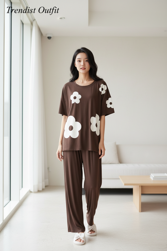 Dark Brown Bold Daisy Printed Night Suit For Women PJ Set