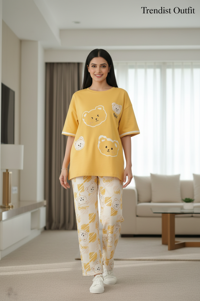 Bright Yellow Cute Teddy Bear Printed Night Suit For Women PJ Set
