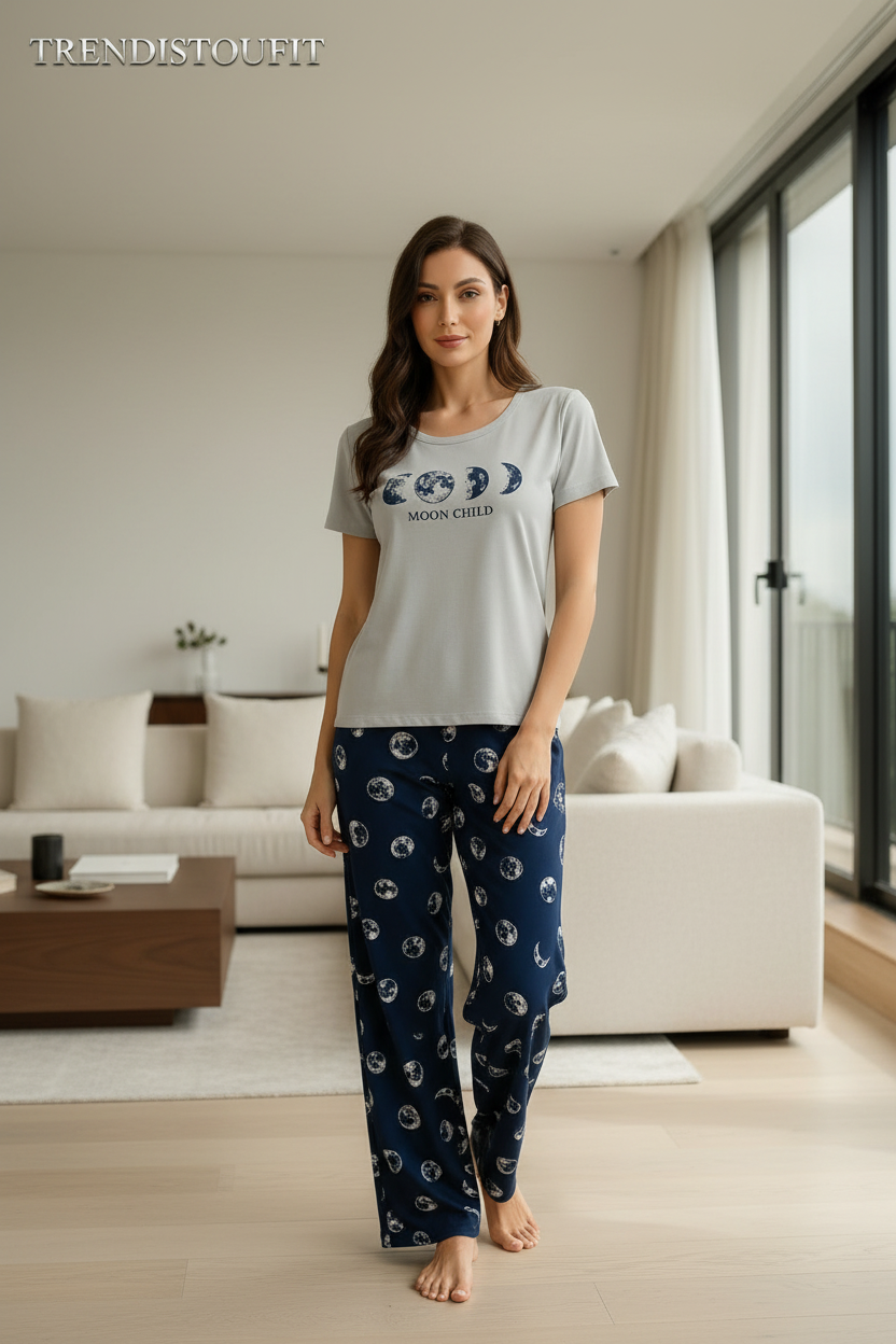 Grey & Navy Blue Moon Printed Night Suit For Women PJ Set