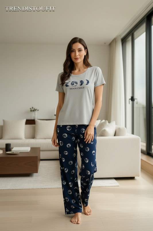 Grey & Navy Blue Moon Printed Night Suit For Women PJ Set