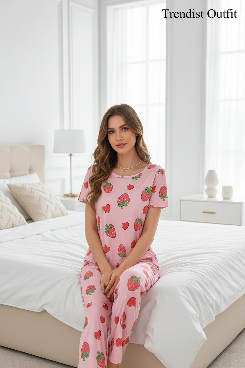 Strawberry Printed Night Suit For Women PJ Set