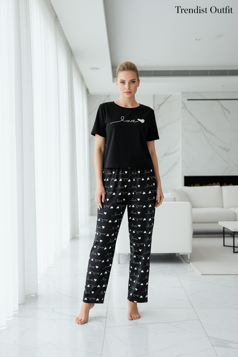 Black "Love" Graphic Tee & Heart Printed Night Suit For Women PJ Set