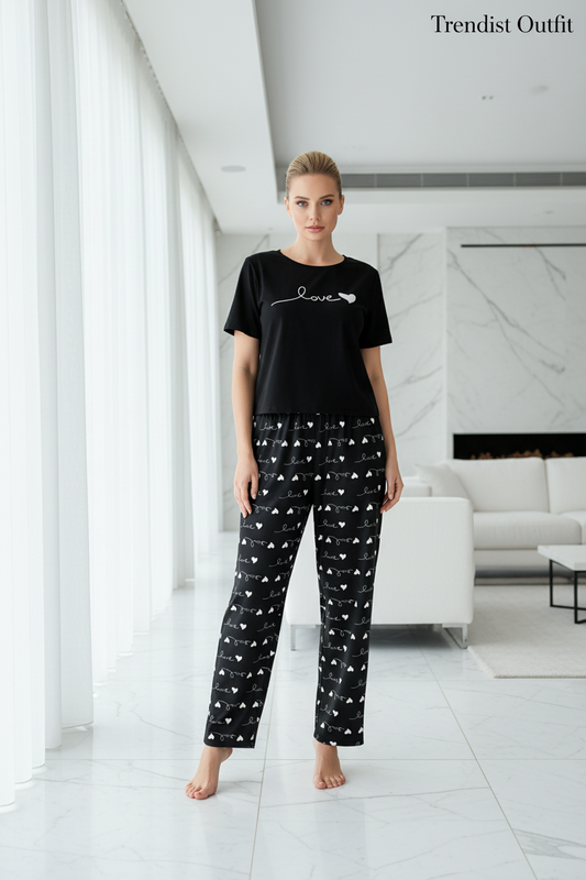 Black "Love" Graphic Tee & Heart Printed Night Suit For Women PJ Set