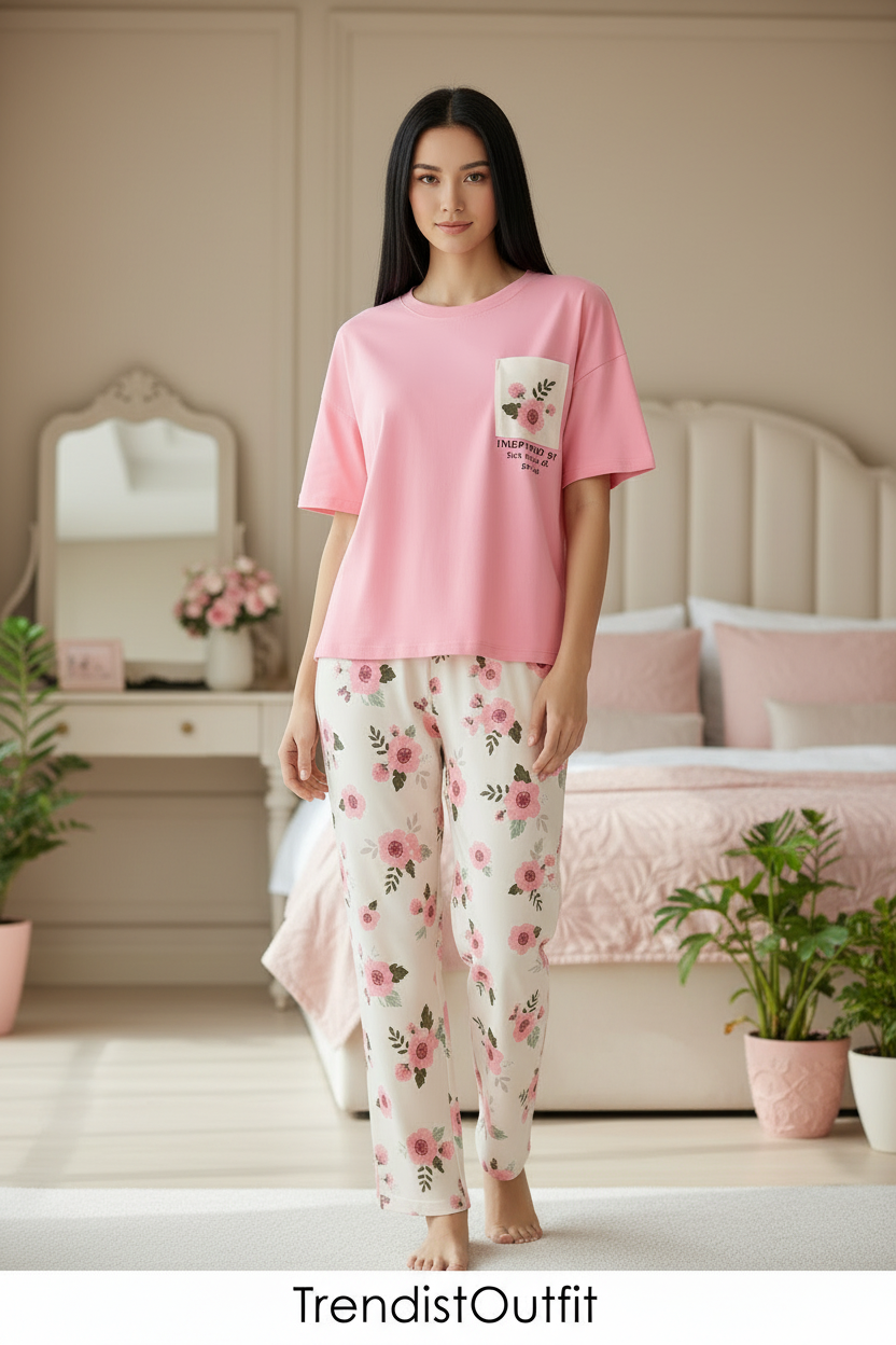 Pink Flower Women Printed Night Dress