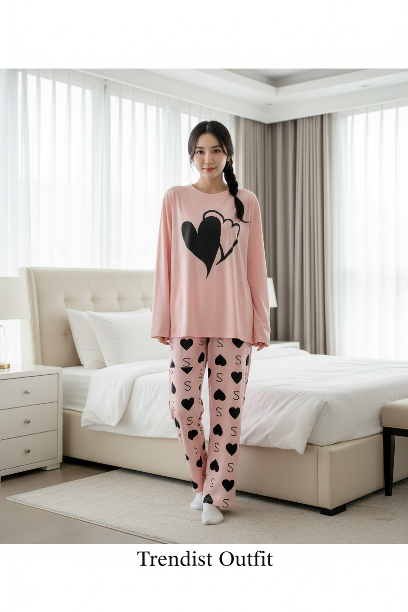 Pink Double Heart Printed Night Suit For Women PJ Set
