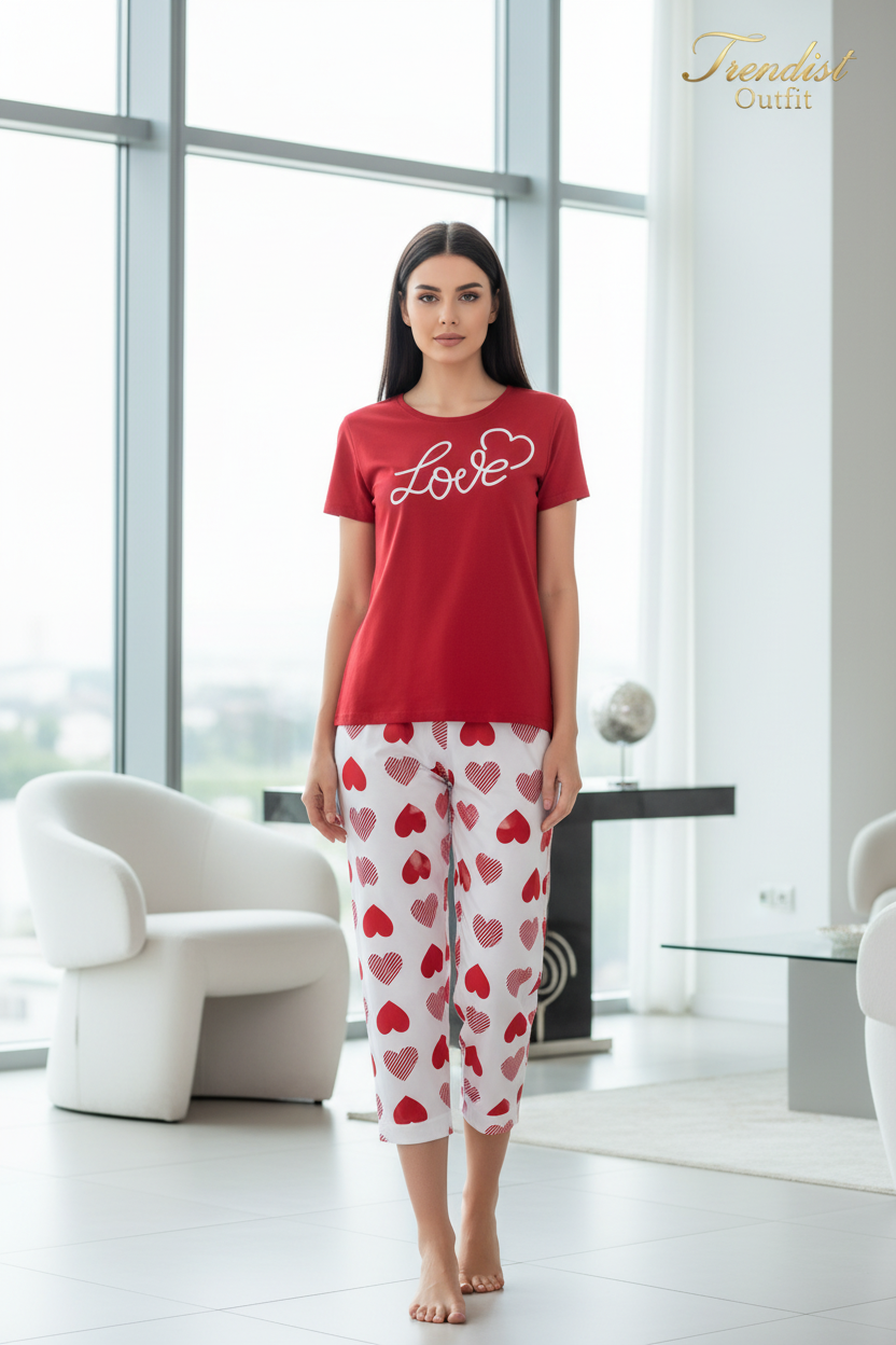 White Love Heart Printed Night Suit For Women PJ Set