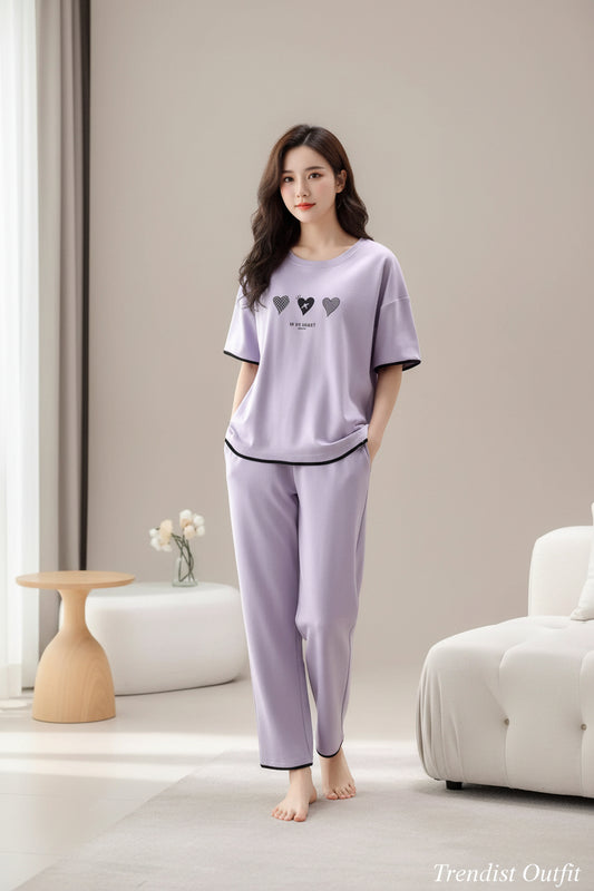 Drop Sholder Three Hearts printed womens pj set