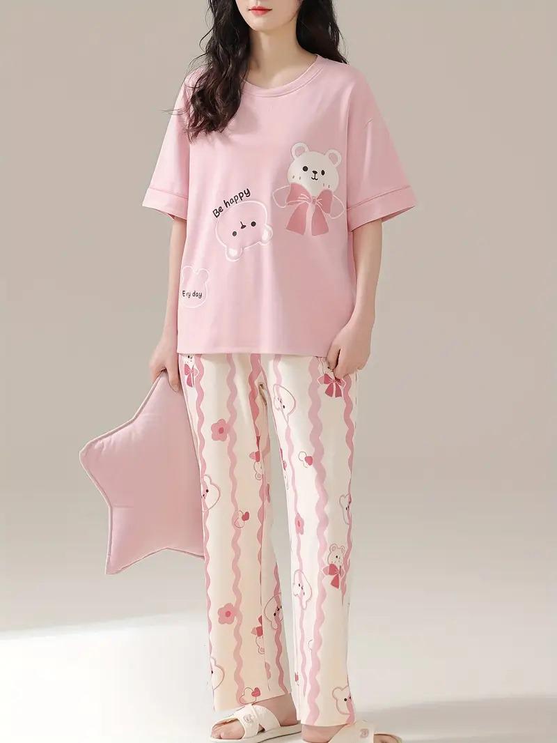 Pink Be Happy Bear Printed PJ Sets