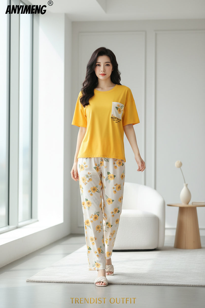 Yellow Pocket Flower Printed PJ Set