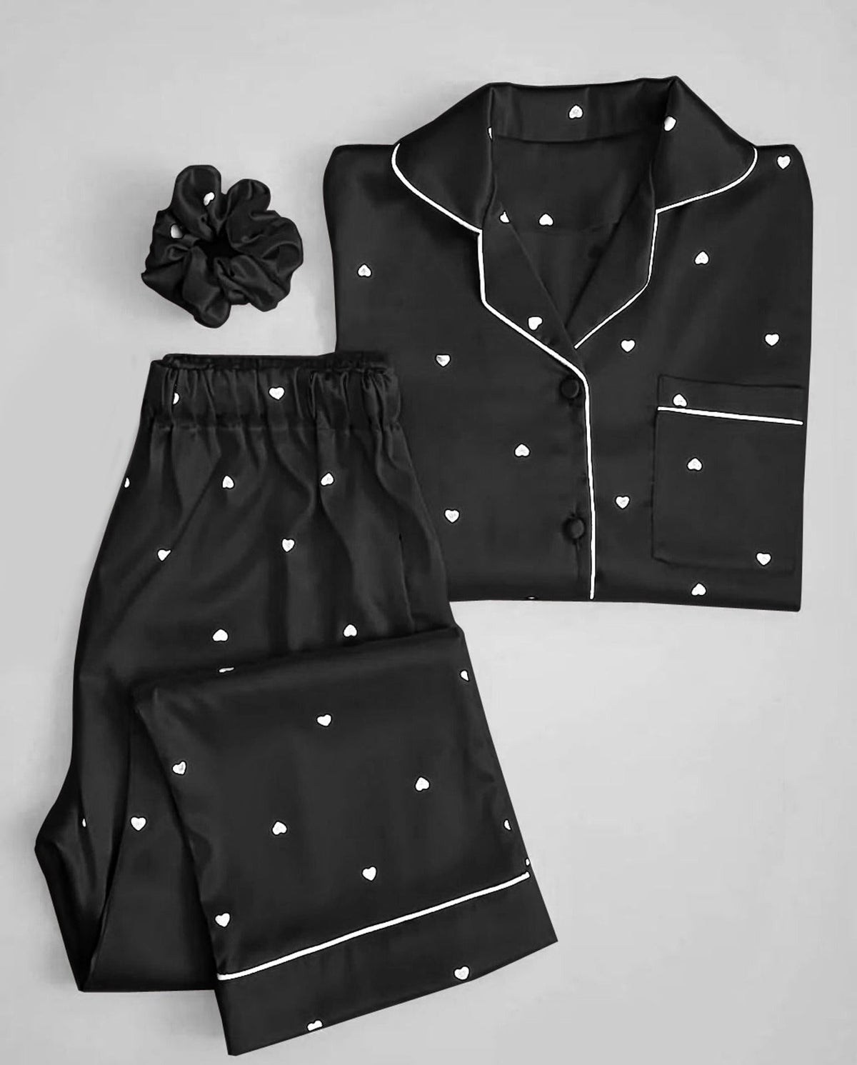 3 Pcs Heart Printed Silk Nightsuit For Girls - Silk Nightwear For Women