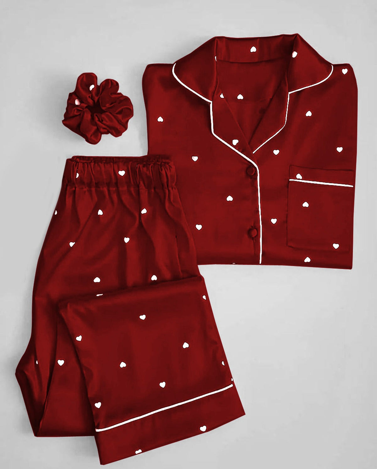 3 Pcs Heart Printed Silk Nightsuit For Girls - Silk Nightwear For Women