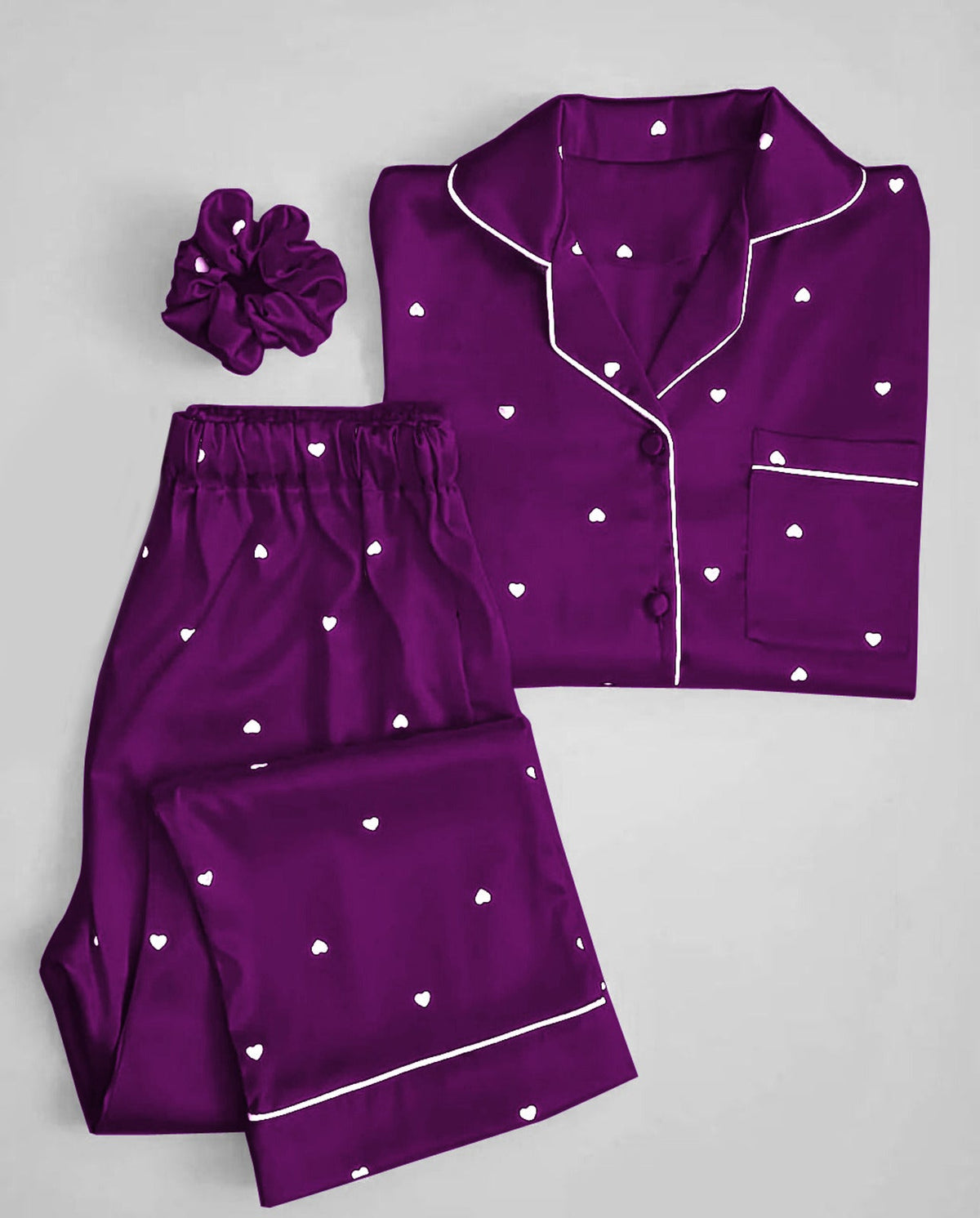 3 Pcs Heart Printed Silk Nightsuit For Girls - Silk Nightwear For Women