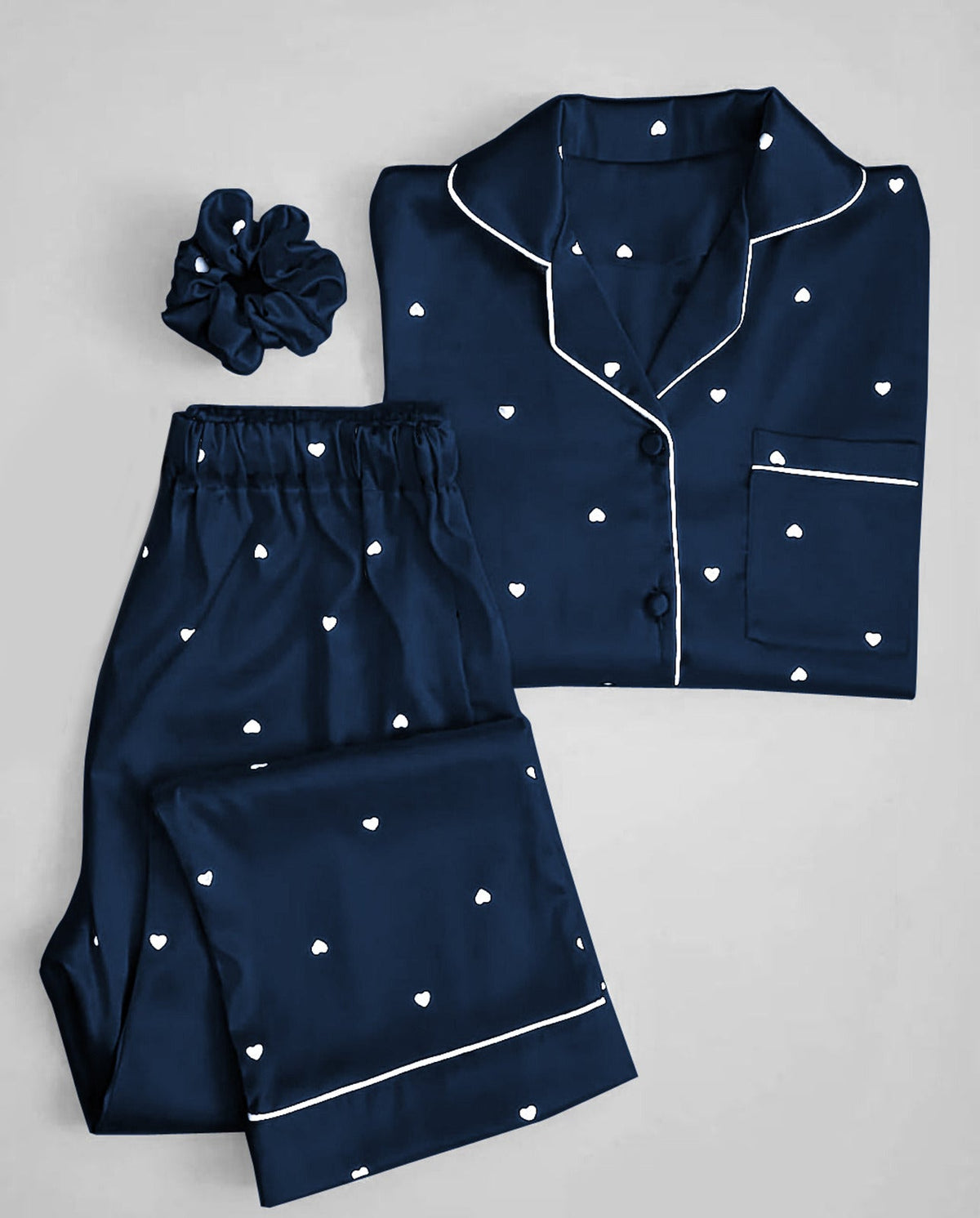 3 Pcs Heart Printed Silk Nightsuit For Girls - Silk Nightwear For Women