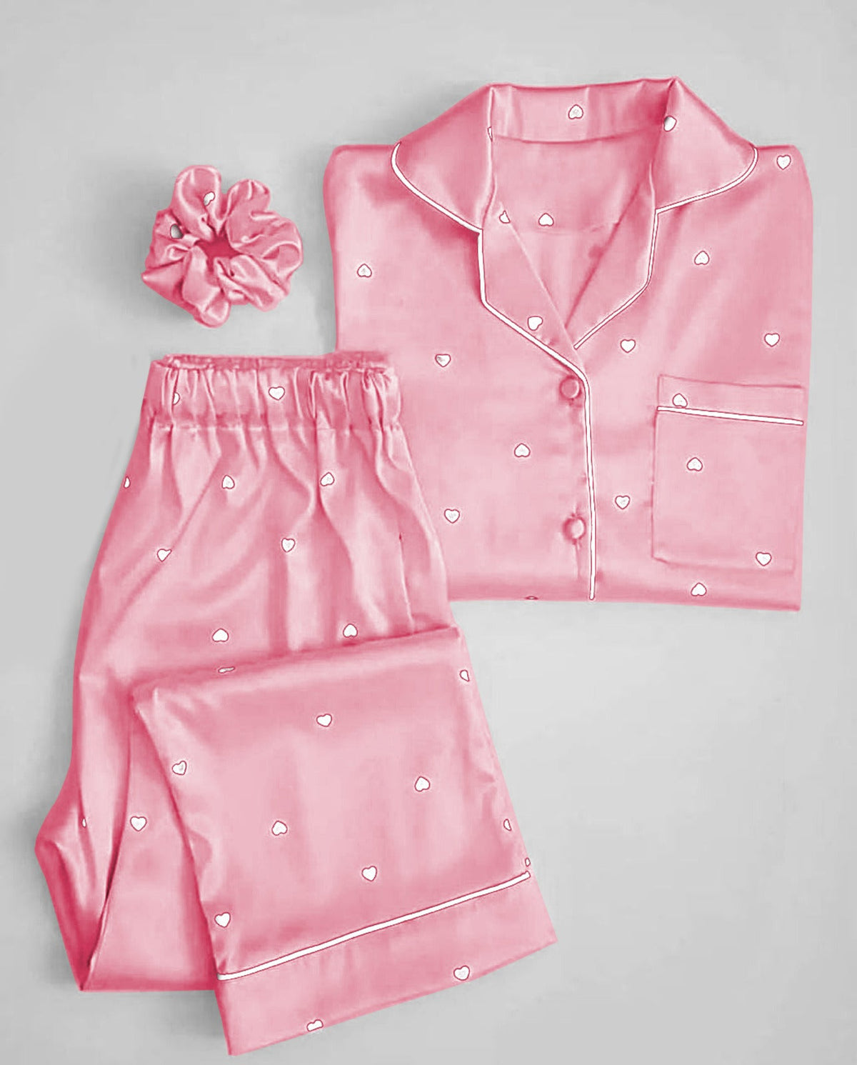 3 Pcs Heart Printed Silk Nightsuit For Girls - Silk Nightwear For Women
