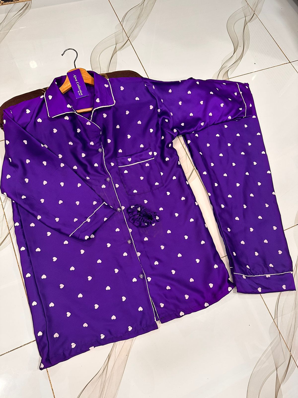3 Pcs Heart Printed Silk Nightsuit For Girls - Silk Nightwear For Women