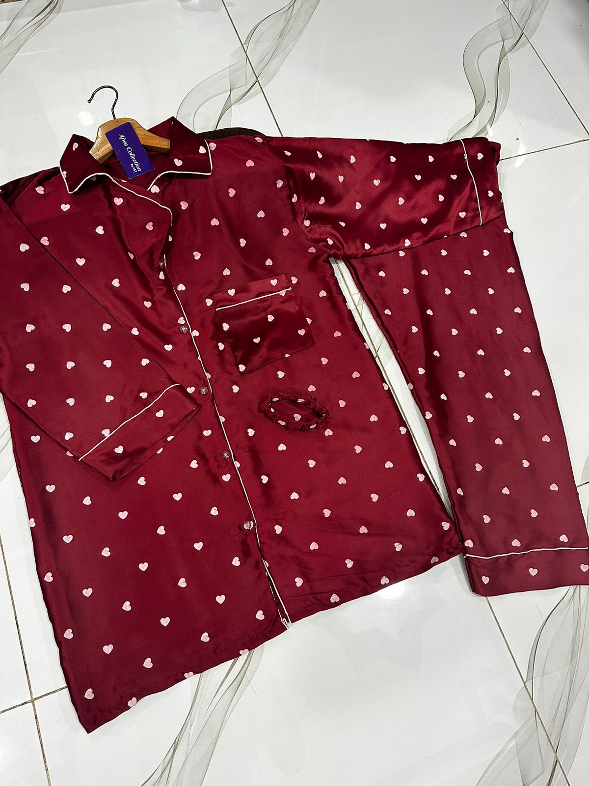 3 Pcs Heart Printed Silk Nightsuit For Girls - Silk Nightwear For Women