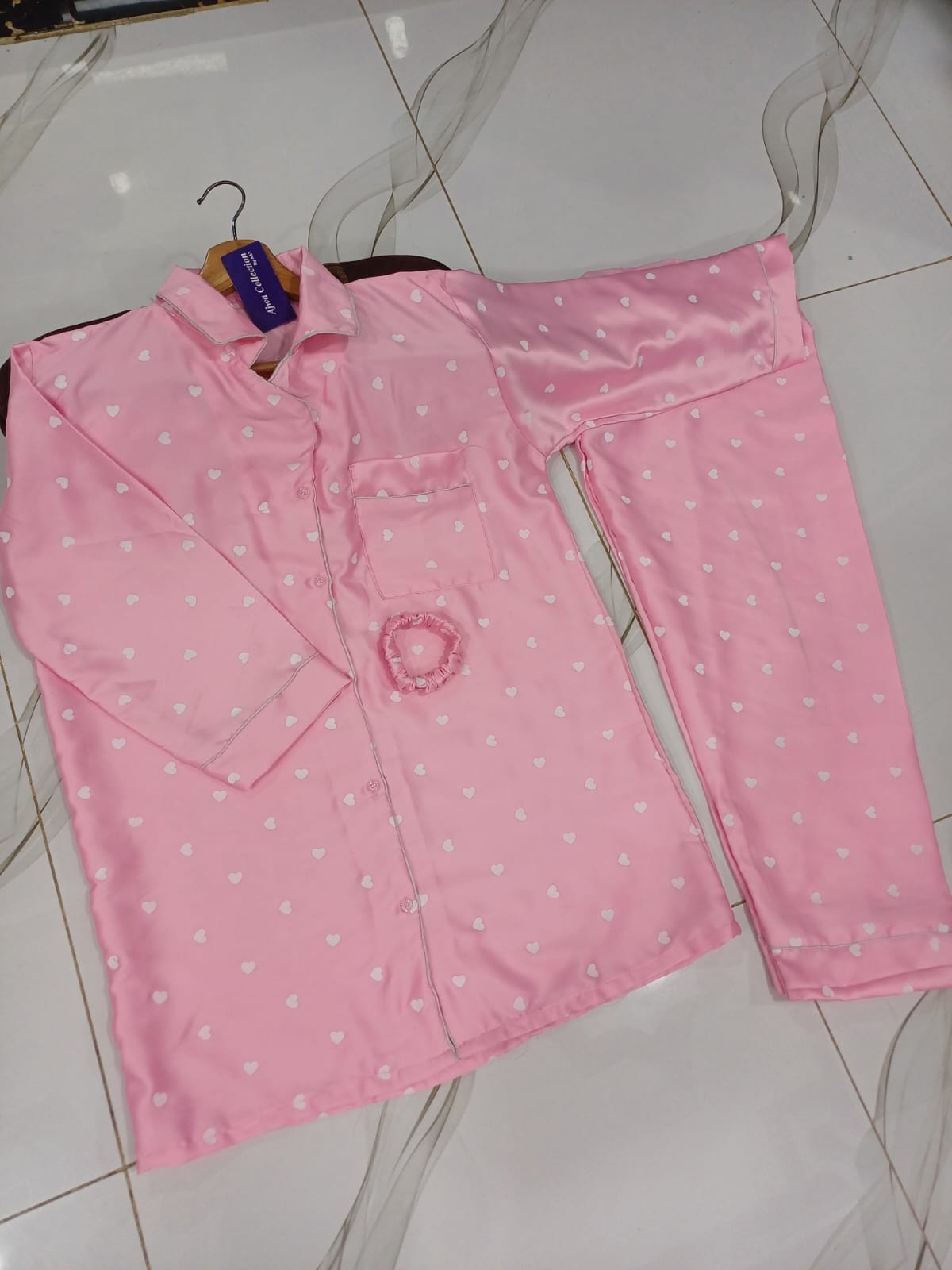 3 Pcs Heart Printed Silk Nightsuit For Girls - Silk Nightwear For Women