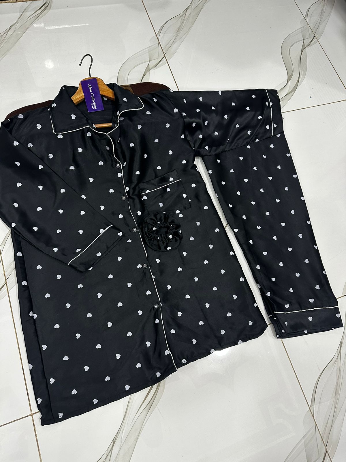 3 Pcs Heart Printed Silk Nightsuit For Girls - Silk Nightwear For Women