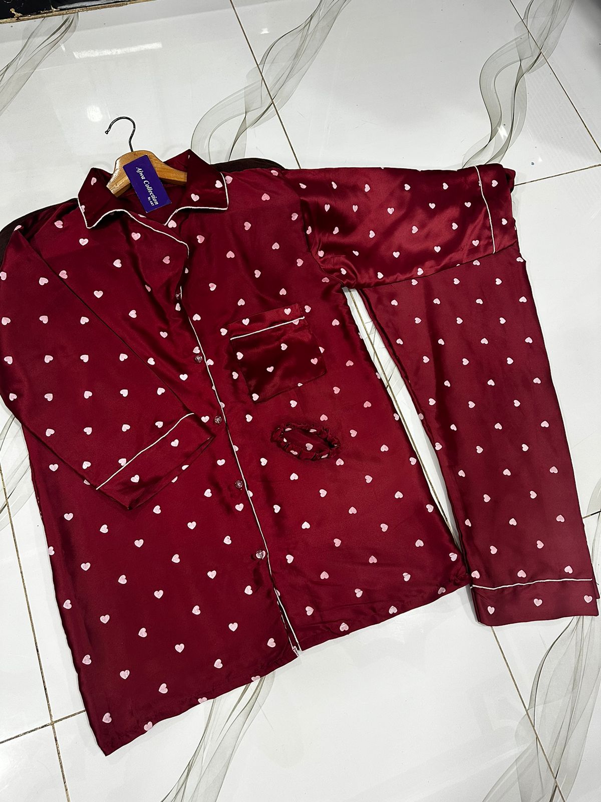 3 Pcs Heart Printed Silk Nightsuit For Girls - Silk Nightwear For Women
