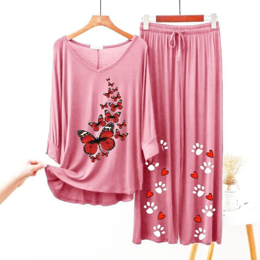 Butterfly Printed V-Neck Women Night Suit PJ Set ARTICLE NO # 56