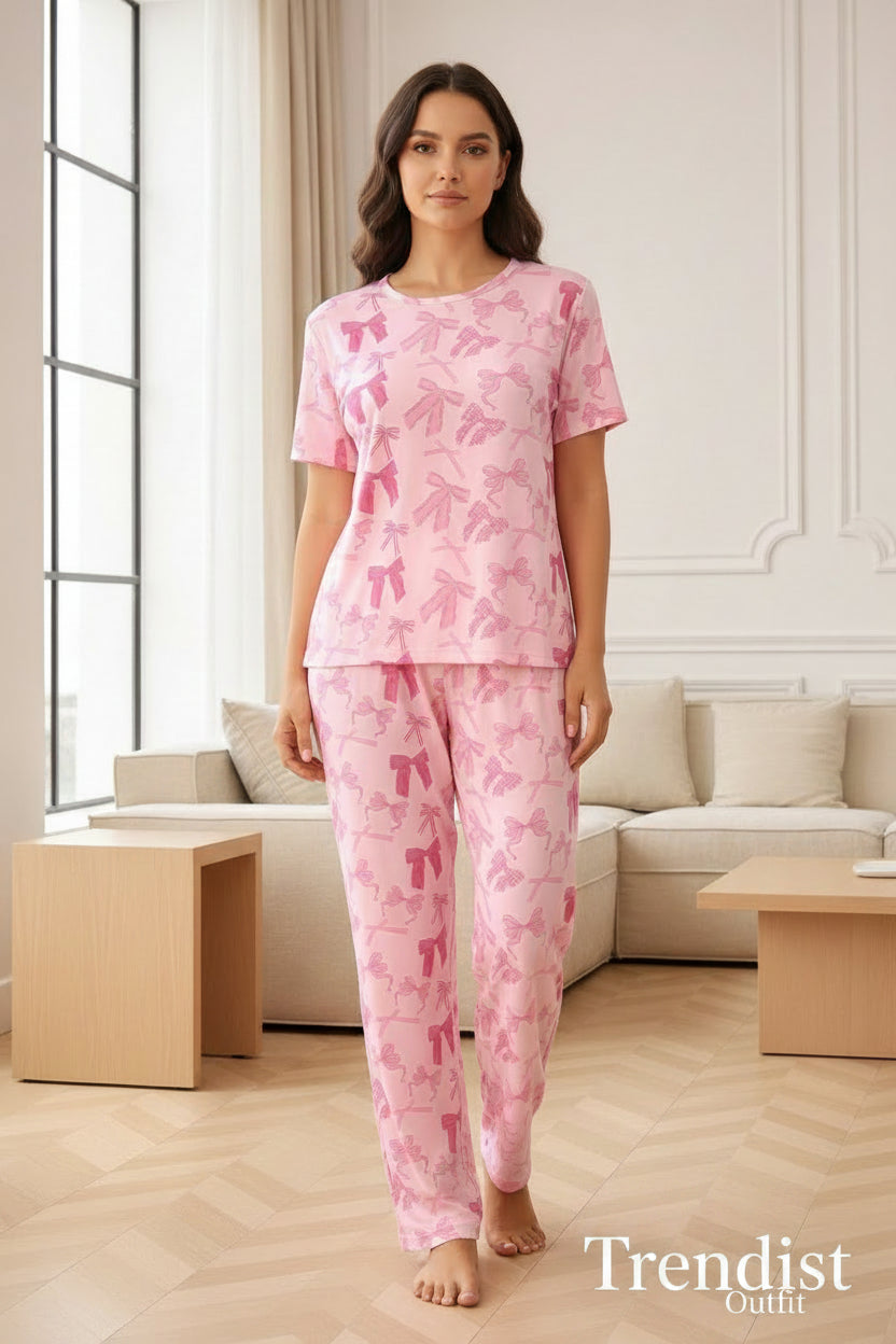 PINK BOW PRINTED PAJAMA PRINTED PJ SETS