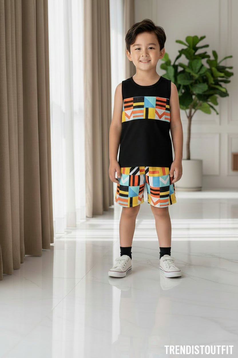 BLACK GEOMETRY PRINTED KIDS SHORT SET SLEEVELESS KIDS SUMMER WEAR