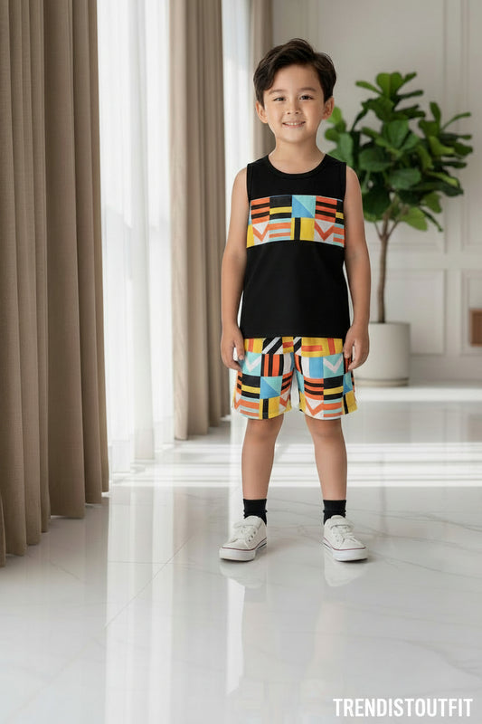 BLACK GEOMETRY PRINTED KIDS SHORT SET SLEEVELESS KIDS SUMMER WEAR