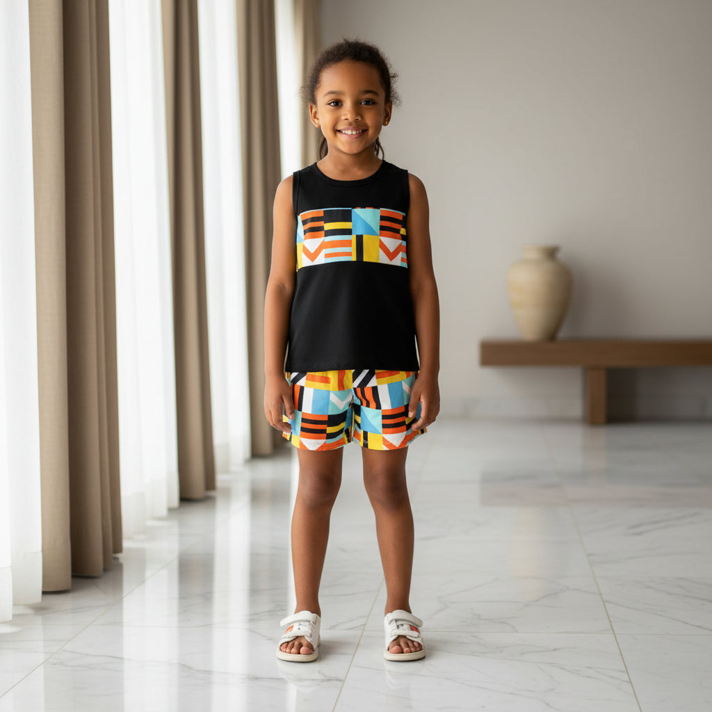 BLACK GEOMETRY PRINTED KIDS SHORT SET SLEEVELESS KIDS SUMMER WEAR