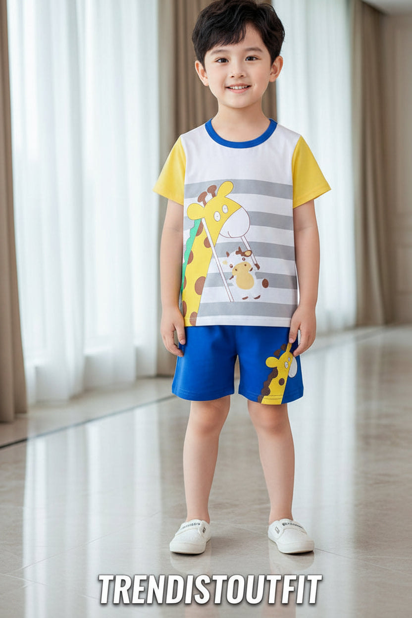 YELLOW AND BLUE PRINTED SHORT SLEEVE KIDS WEAR