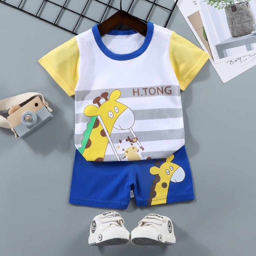YELLOW AND BLUE PRINTED SHORT SLEEVE KIDS WEAR