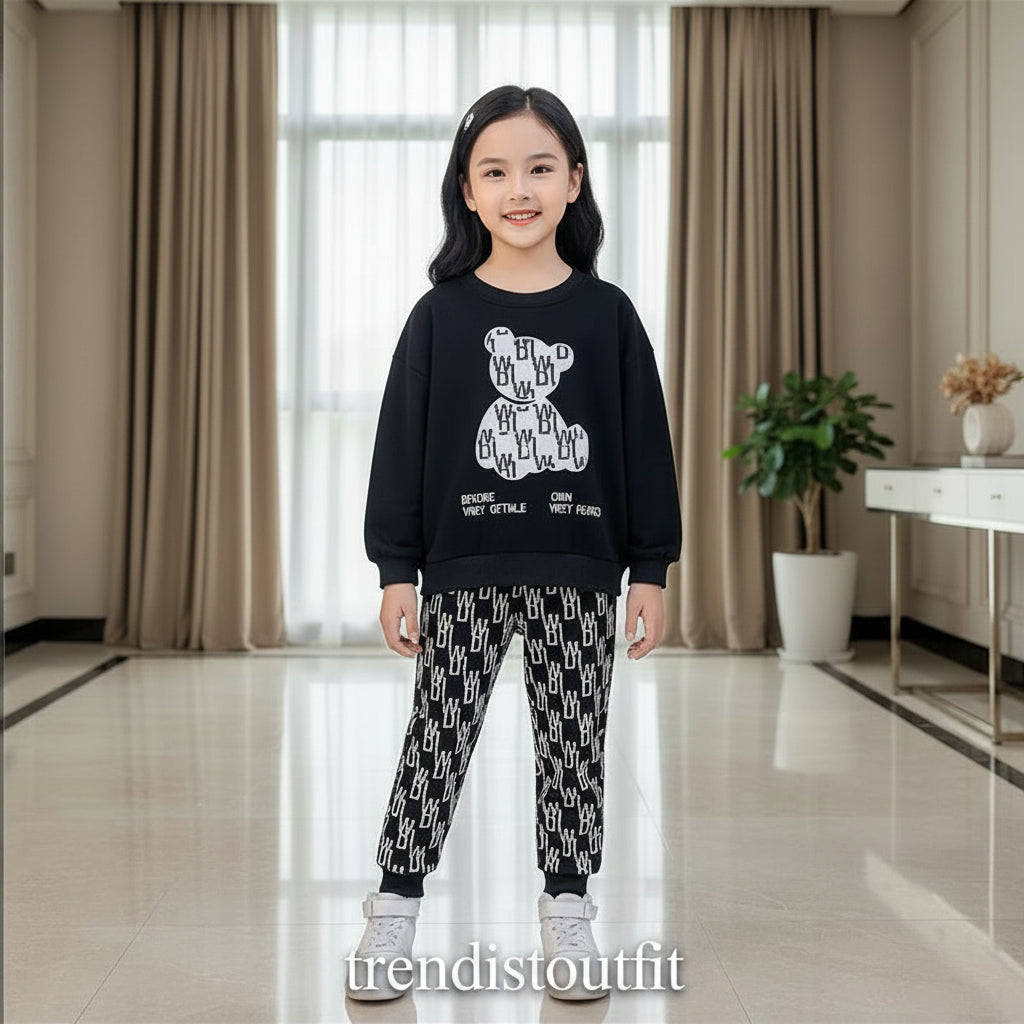 BLACK & WHITE TEDDY BEAR KIDS WINTER SWEETSHIRT SET