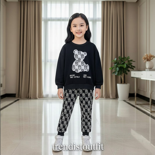 BLACK & WHITE TEDDY BEAR KIDS WINTER SWEETSHIRT SET