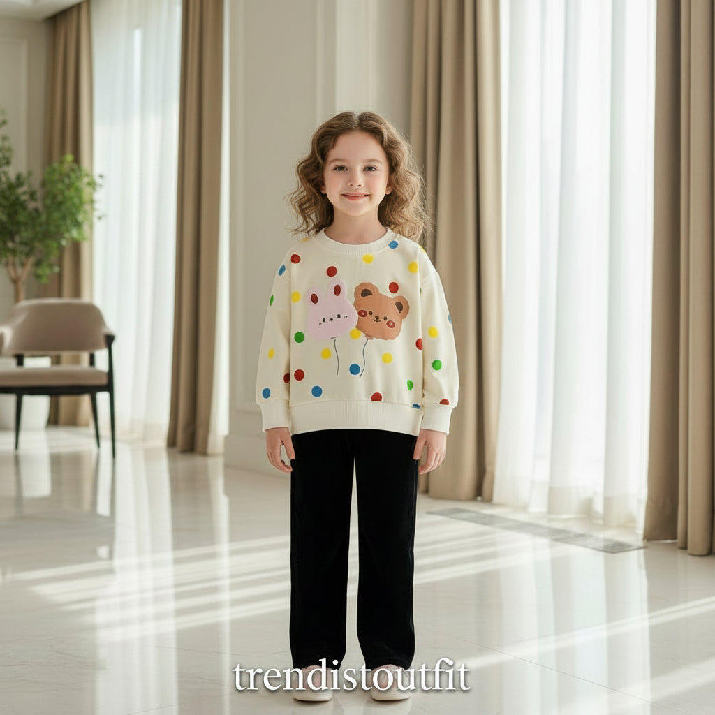 MULTI DOTS PRINTED KIDS WINTER SWEETSHIRT SET