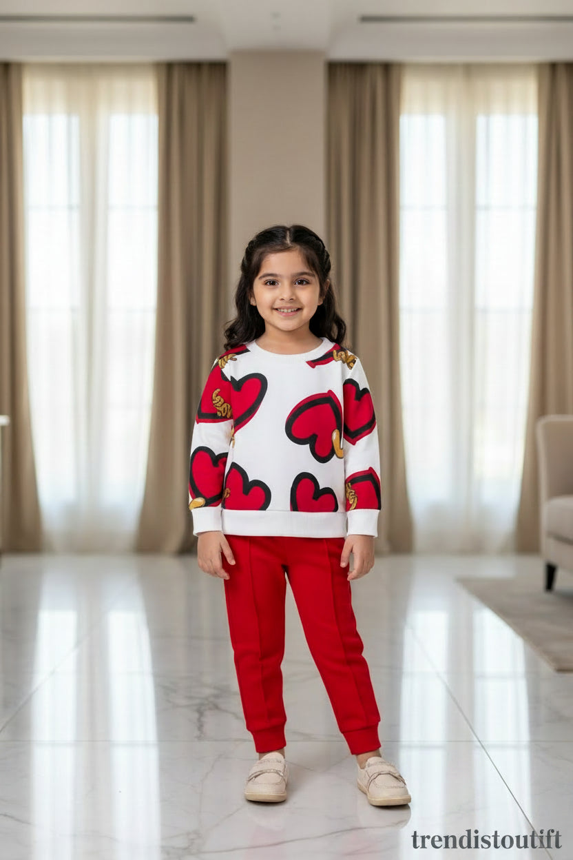 UNIQUE RED LOVE HEART WINTER SWEETSHIRT SET