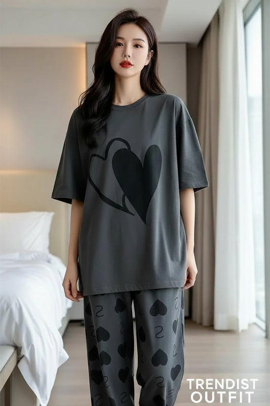 BLACK BIG HEART PRINTED NIGHT SUIT