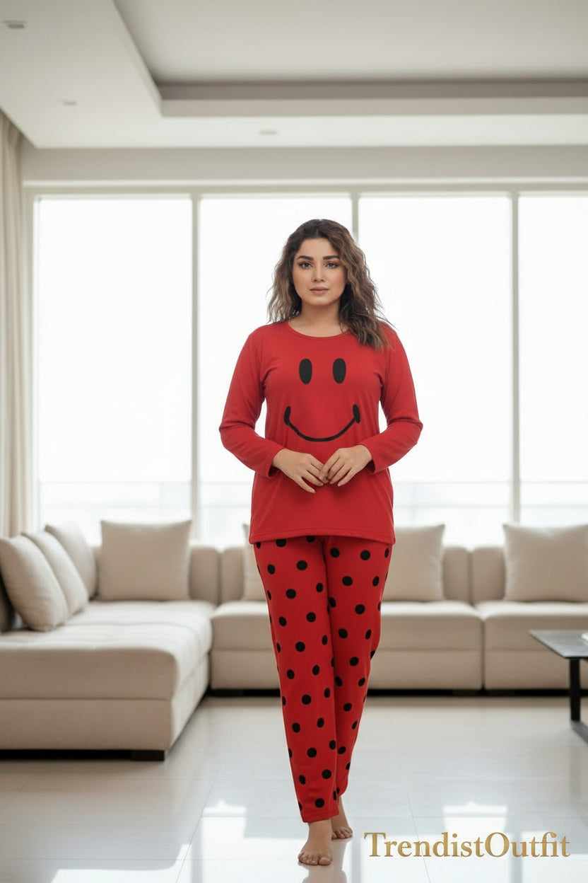 RED SMILE PRINTED PAJAMA SETS