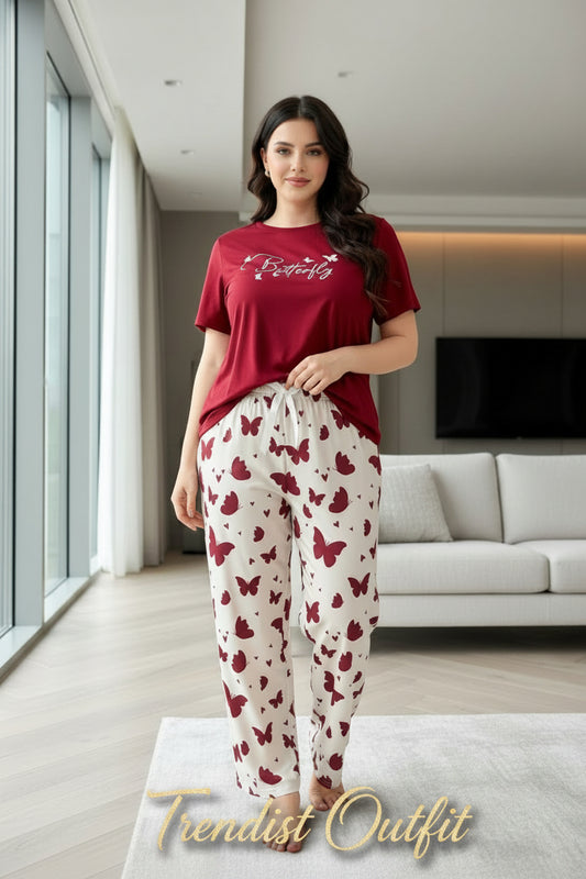MAROON TOP WITH BUTTERFLY PRINTED PAJAMA SETS