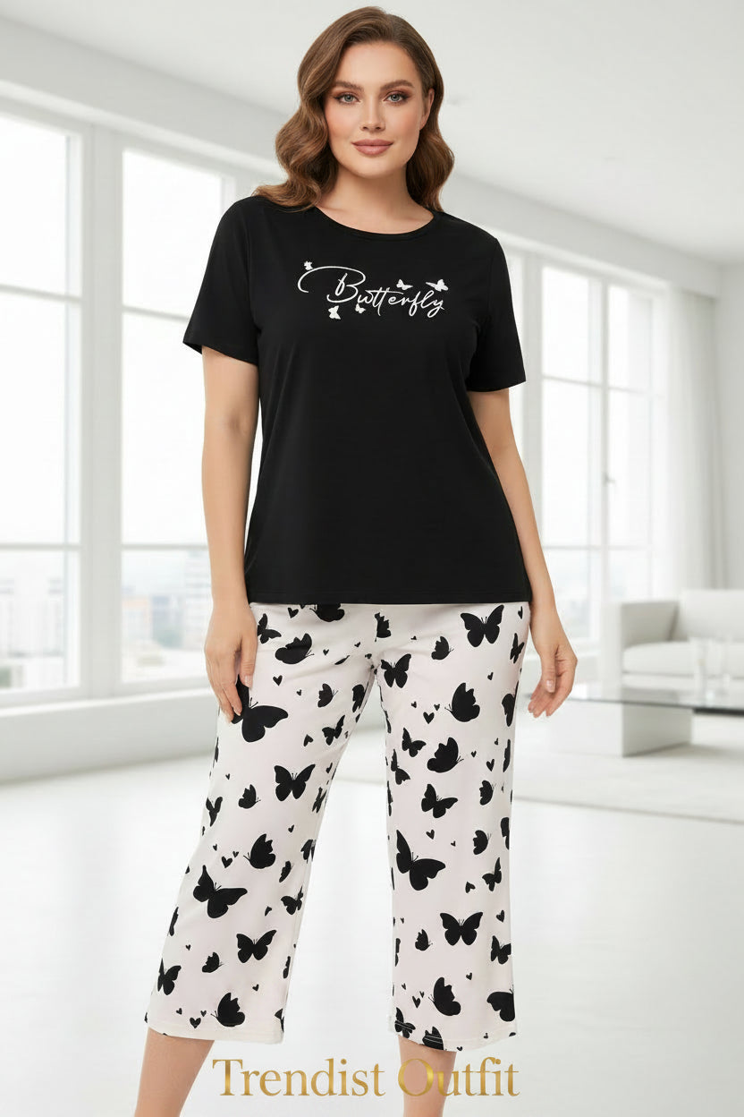BLACK TOP WITH BUTTERFLY PRINTED PAJAMA SETS