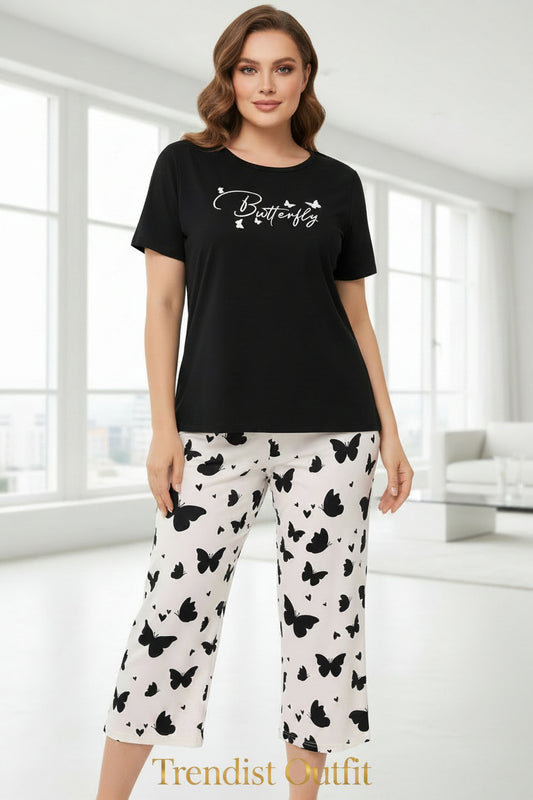 BLACK TOP WITH BUTTERFLY PRINTED PAJAMA SETS