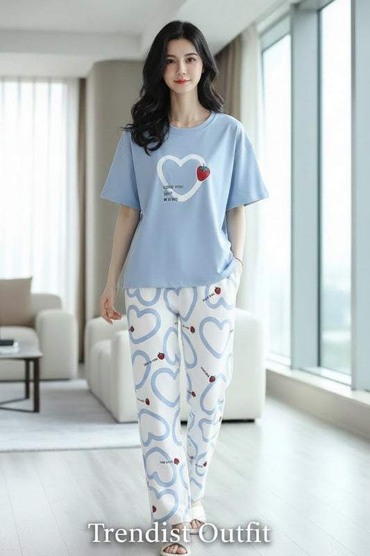 SKY BLUE STRAWBERRY PRINTED PAJAMA SETS