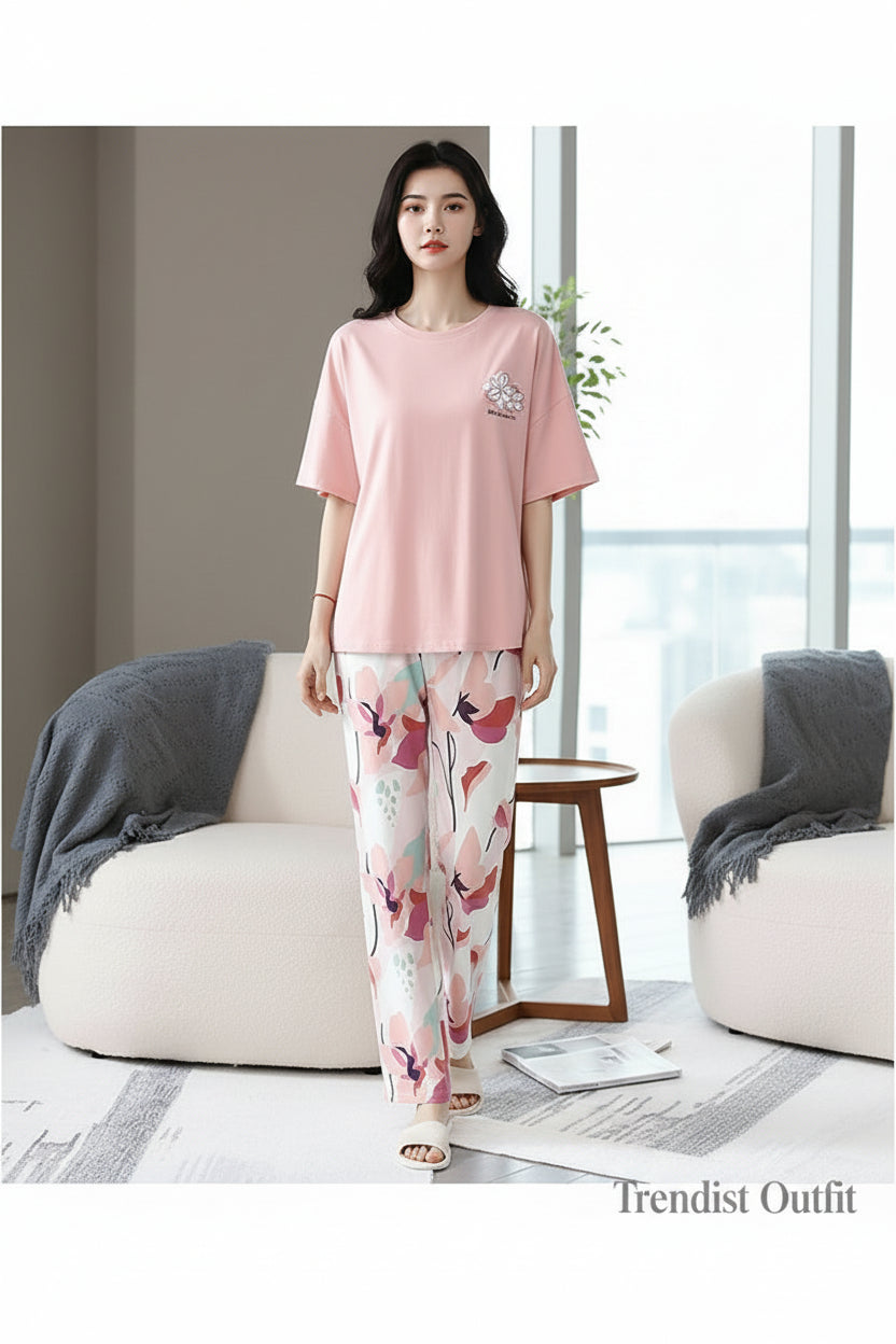 BABY PINK FLOWERS PRINTED PAJAMA SETS
