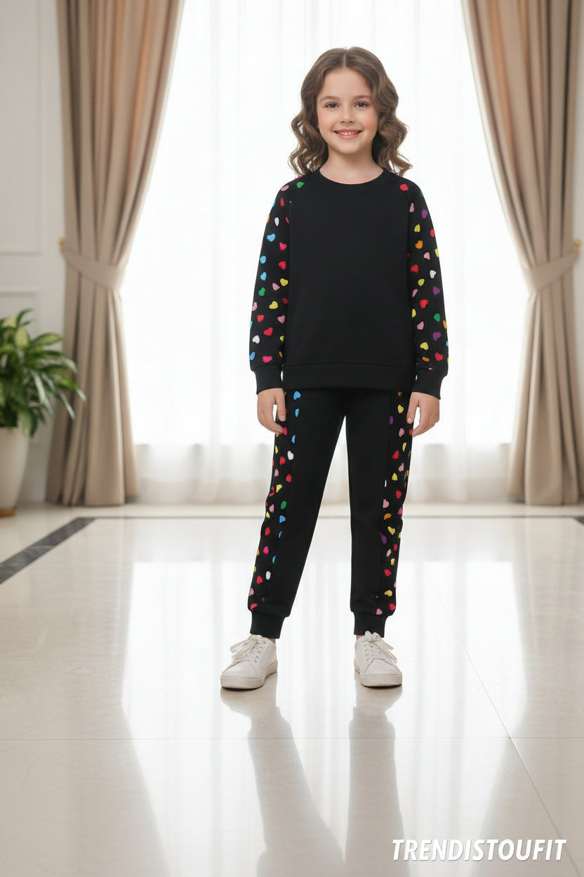 BLACK WITH MULTI HEART KIDS WINTER SWEETSHIRT SET