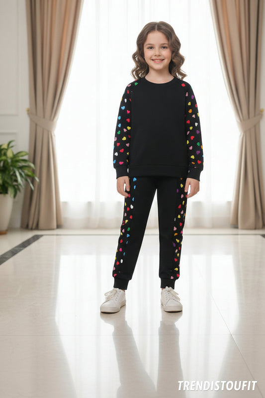 BLACK WITH MULTI HEART KIDS WINTER SWEETSHIRT SET