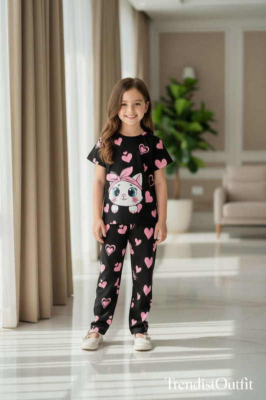 BLACK KITTY & PINK  HEART KIDS WEAR