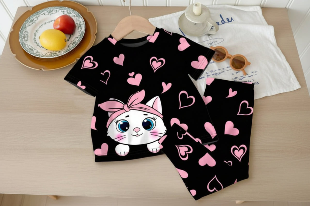 BLACK KITTY & PINK  HEART KIDS WEAR