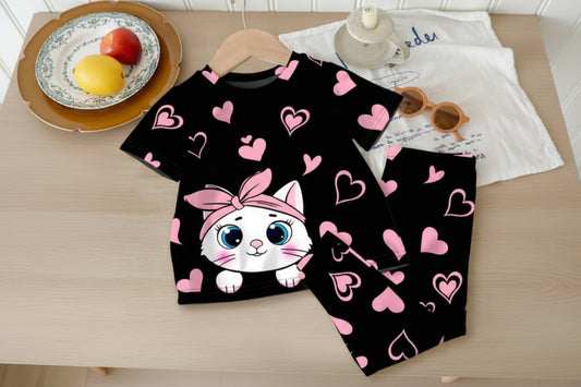 BLACK KITTY & PINK  HEART KIDS WEAR